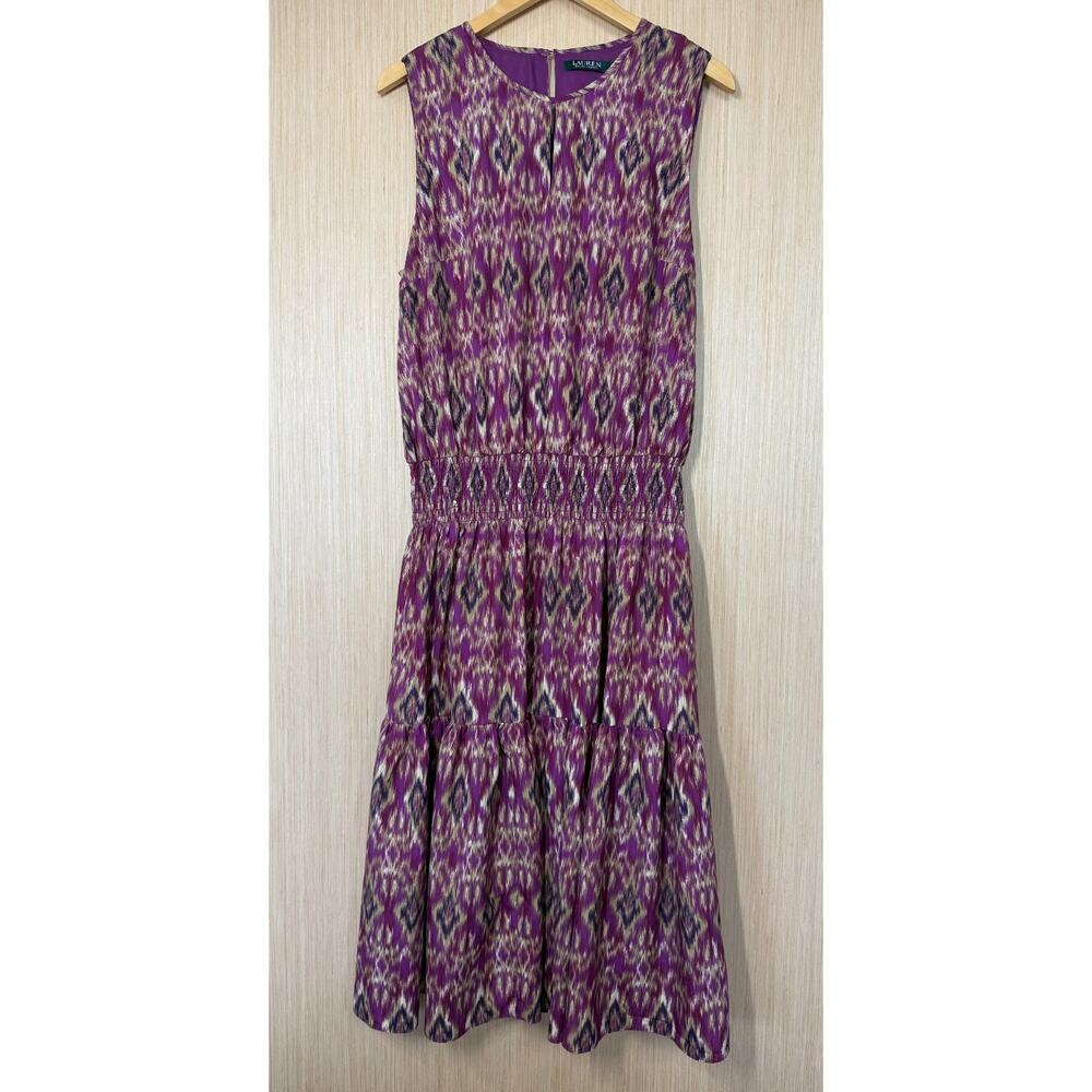 Lauren Ralph Lauren Ikat Blouson Smocked Tiered Midi Dress Size XL Sleeveless - Picture 2 of 12